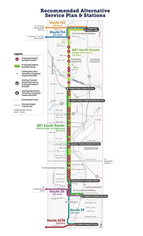 The map above shows how bus rapid transit along Federal Boulevard will connect with existing bus and rail stations and identifies final intersection station locations.