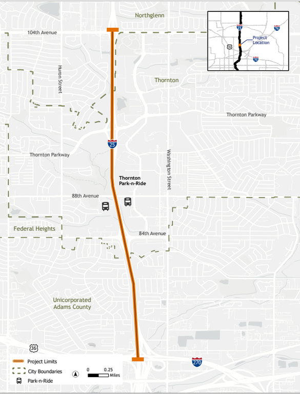 Map of project limits showing I-25 from US 36 to 104th Avenue in Adams County