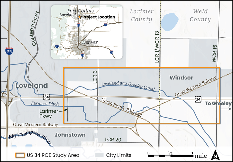 Map of US 34 railroad crossing elimination study area