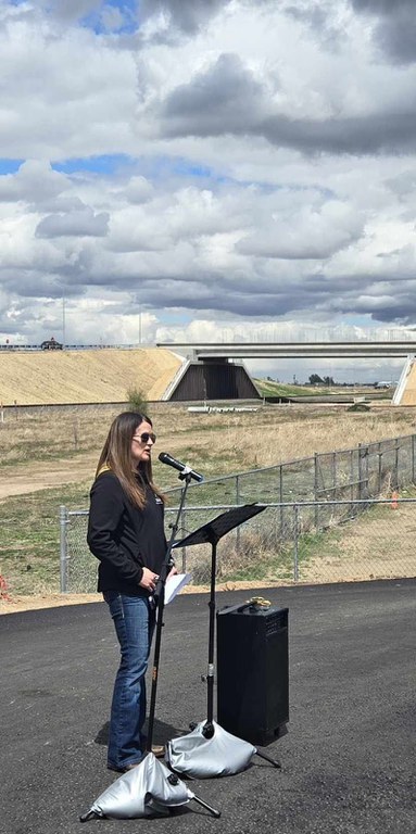 Northeast Regional Transportation Director Heather Paddock talked to the guests at the US 85 and Weld County Road 44 Interchange completion celebration.