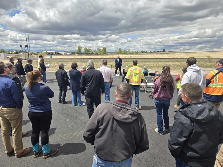 Weld County Commissioner Scott James talked to guests at the US 85 and Weld County Road 44 Interchange completion celebration