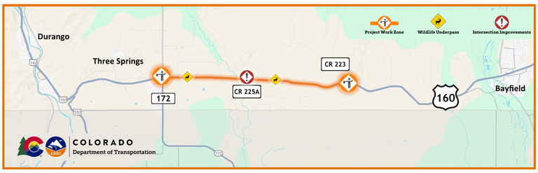 Map of the US 160 Elmore's East Safety & Mobility Improvements Project Work Zone