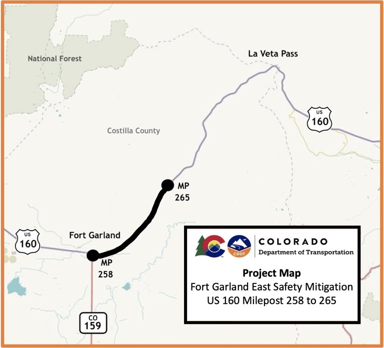 Colorado Department of Transportation map of the project work zone located on US 160, east of Fort Garland, between Mile Points 258 and 265.  