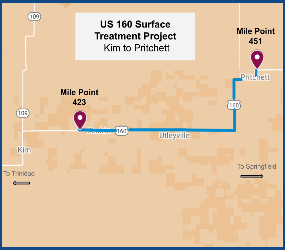 Map of US 160 in Las Animas and Baca Counties specifying work zone for resurfacing project - mile point 423 to Mile Point 451.png detail image