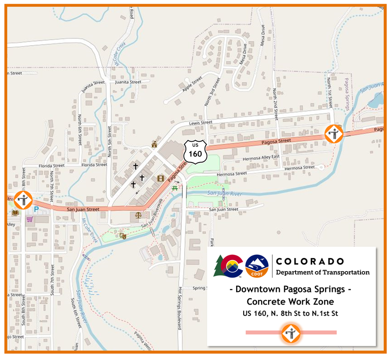 Colorado Department of Transportation map of the US 160 concrete work zone in downtown Pagosa Springs between North 8th Street and North 1st Street.