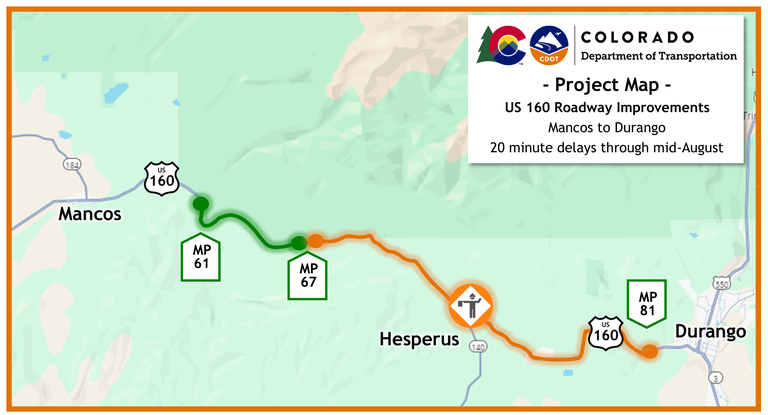 US 160 Roadway Improvements Project map of chip seal work being completed between Mancos and Durango