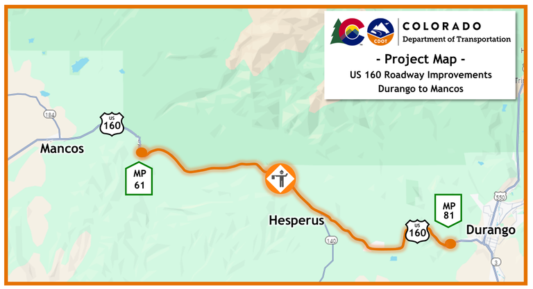 Colorado Department of Transportation US 160 Roadway Improvements Project Map of chip seal work between Durango and Mancos from Mile Point 81 to 61