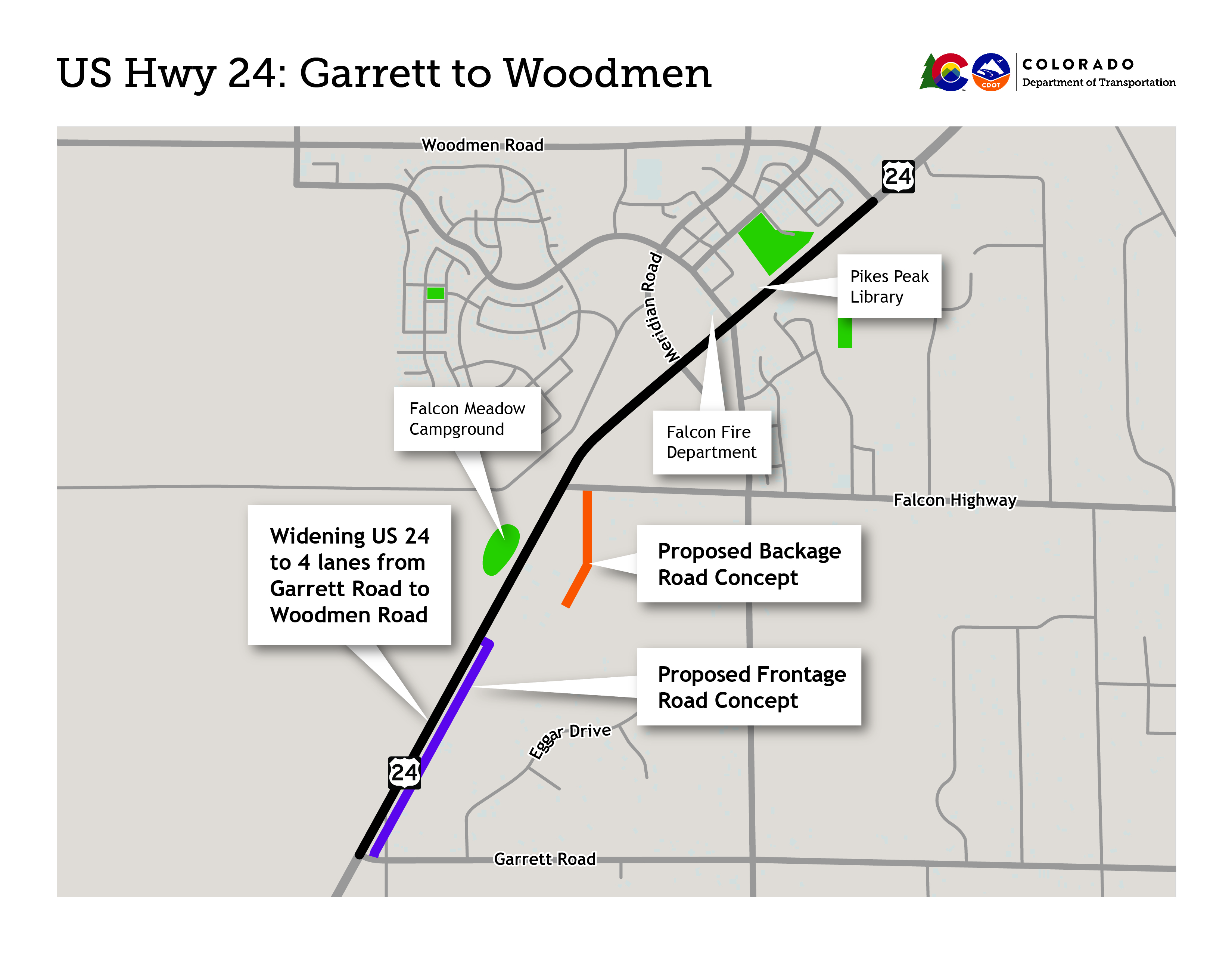 :  US Highway 24: Garrett to Woodman project area map that shows the project limits, the proposed Frontage Road Concept on the southern portion of the project area and the proposed Backage Road Concept off of Falcon Highway in the middle portion of the project area.