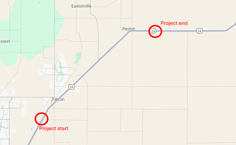 Map of US 24 identifying resurfacing start and end points west of Falcon and east of Peyton between Garrett Rd to Smith Ranch Rd, from Mile Point 318.5 to MP 332.