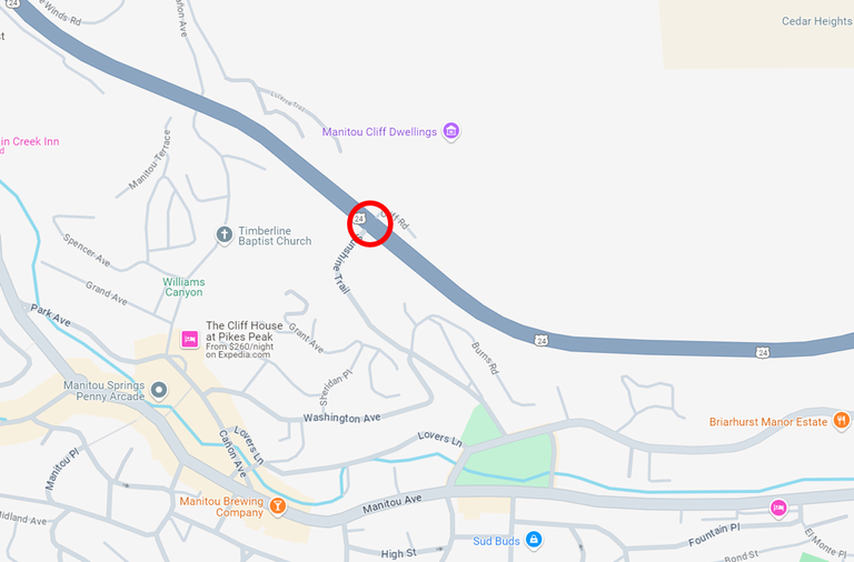 Map of US 24 at Manitou Springs with a red circle showing indicating the project zone at Cliff Road