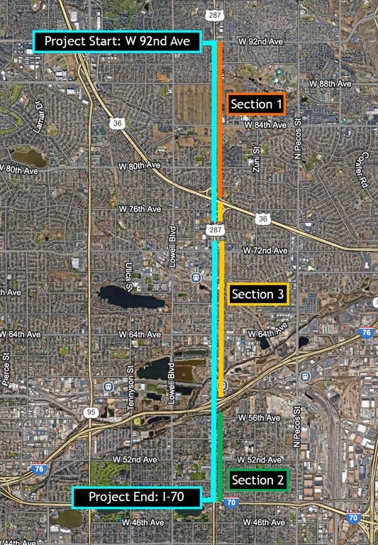 Map of US 287 Resurfacing project locations between I-70 and 92nd Avenue