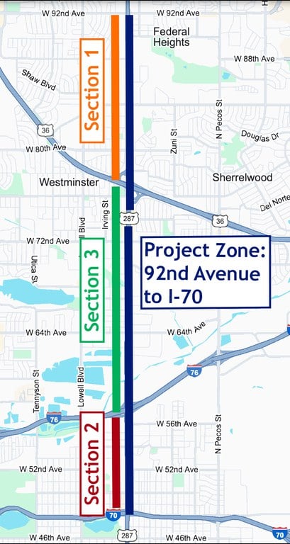 Map of US 287 Resurfacing project locations between I-70 and 92nd Avenue