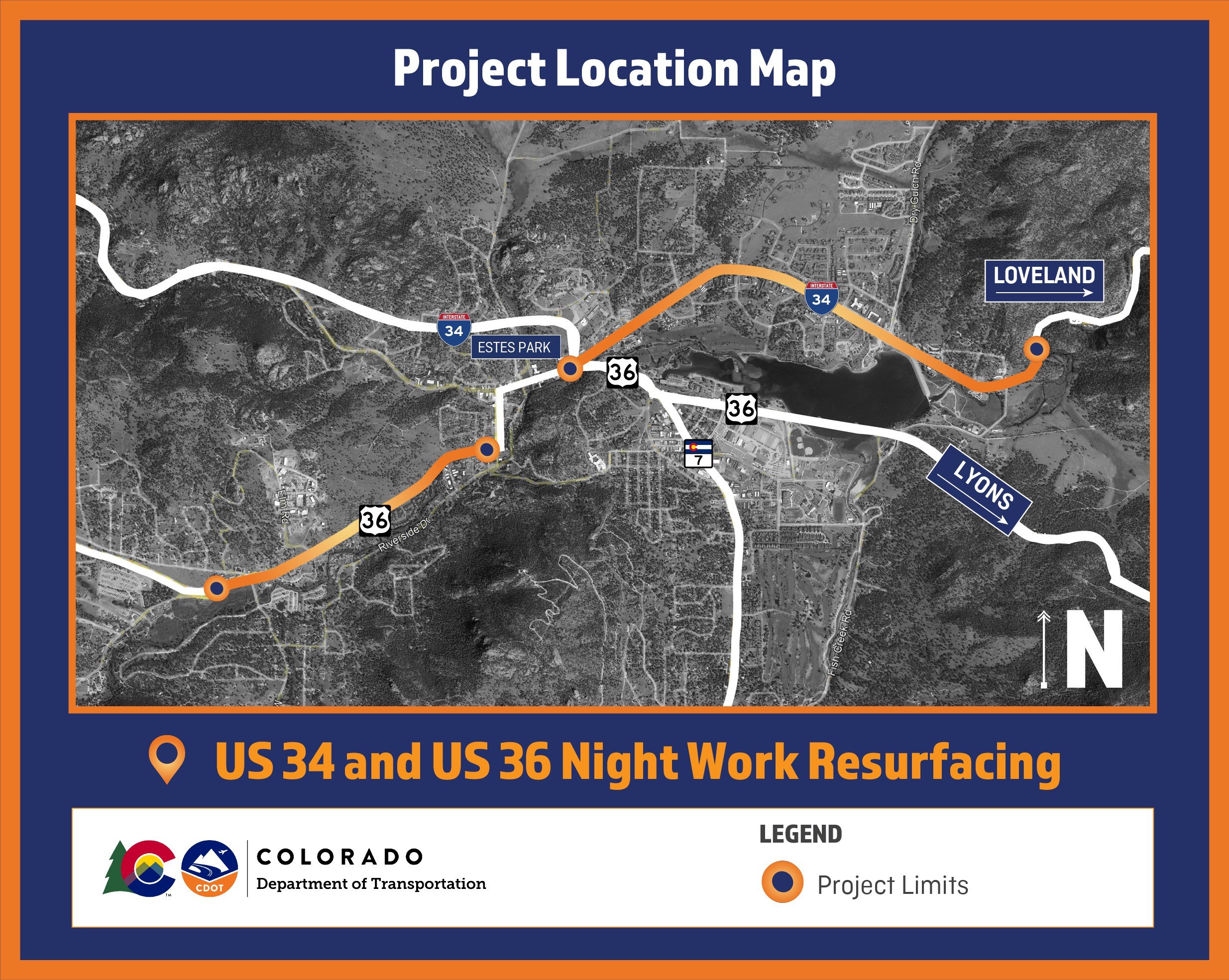 MAP showing work zones on the US 34 and US 36 Resurfacing Project