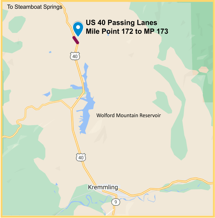 The location of the new passing lanes on US 40 from MP 172 to 173 in Grand County.