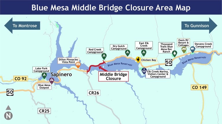 Map showing the closure points for the US 50 Middle Bridge and the surrounding campground sites