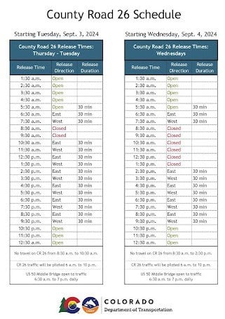 County Road 26 opening schedule timetable