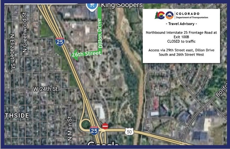 Map of Northbound Interstate 25 Frontage Road Closure at Exit 100B. Access available via 29th Street east, Dillon Drive south and 26th Street West.