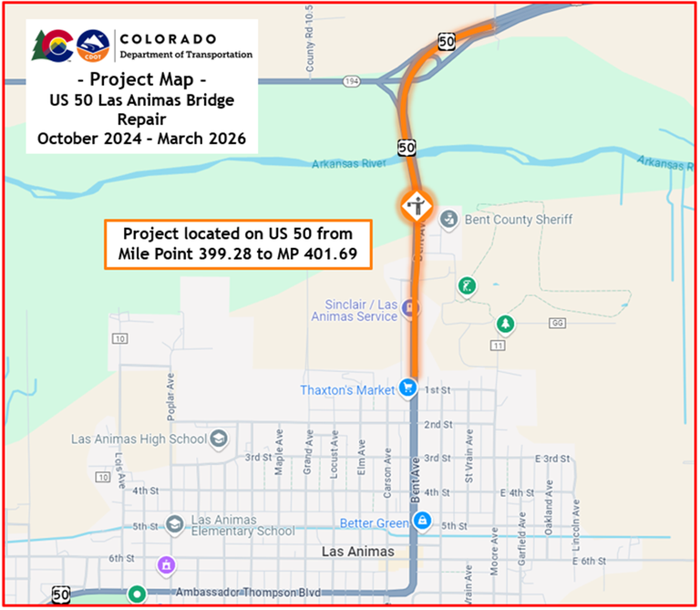 Map of US 50 Las Animas Bridge Repair - Project Location on US Highway 50 from Mile Point 399.85 to Mile Point 401.69 just north of the City of Las Animas