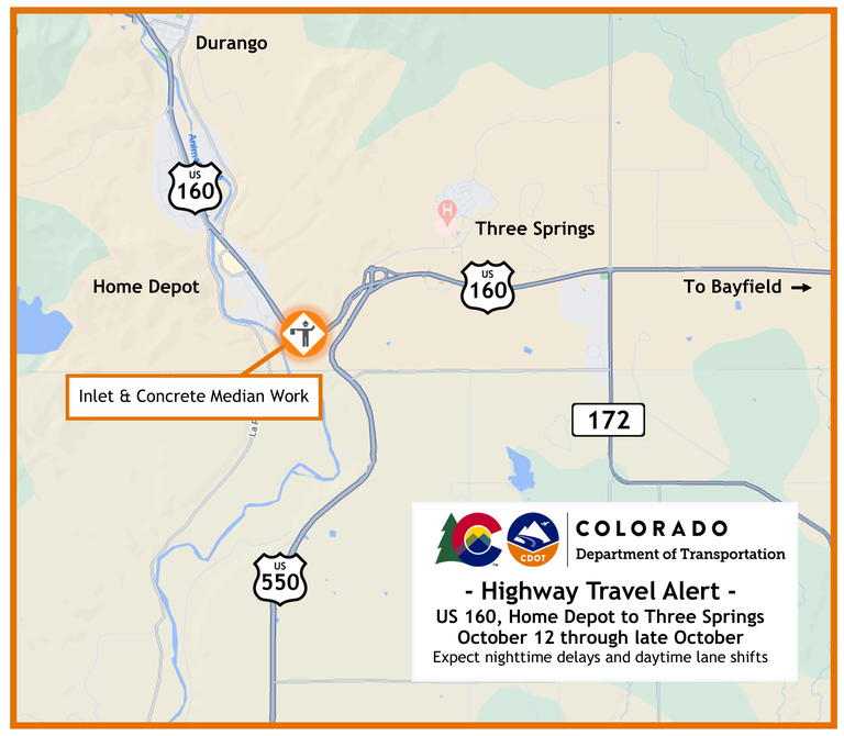 Travel Advisory Map of the Connection South Project nighttime lane reductions and daytime lane shifts on US 160 between Home Depot and Three Springs