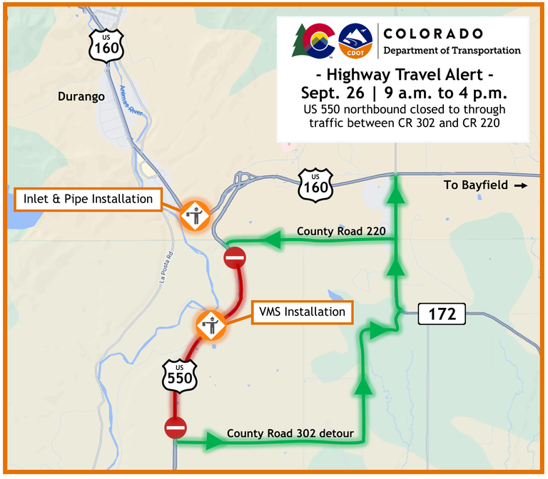 Map of the US 550 northbound closure. Northbound motorists will be detoured onto CR 302, CR 220 and CO 172.