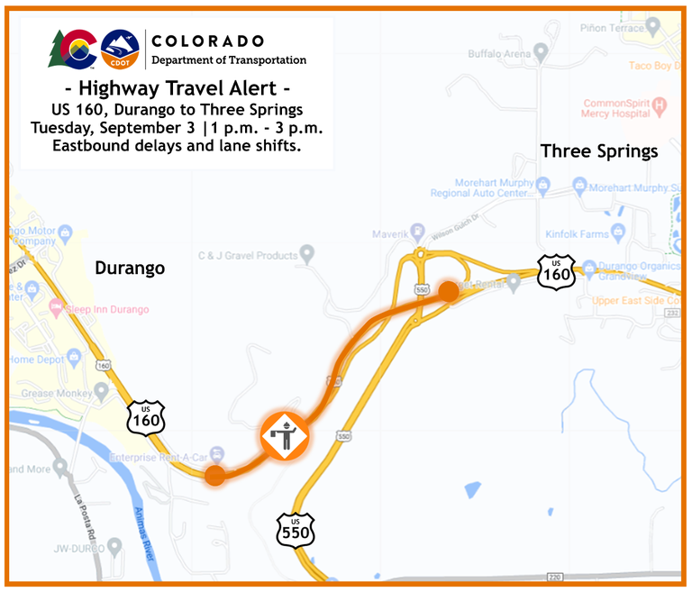 Map of eastbound delays and lane shifts between Durango and Three Springs