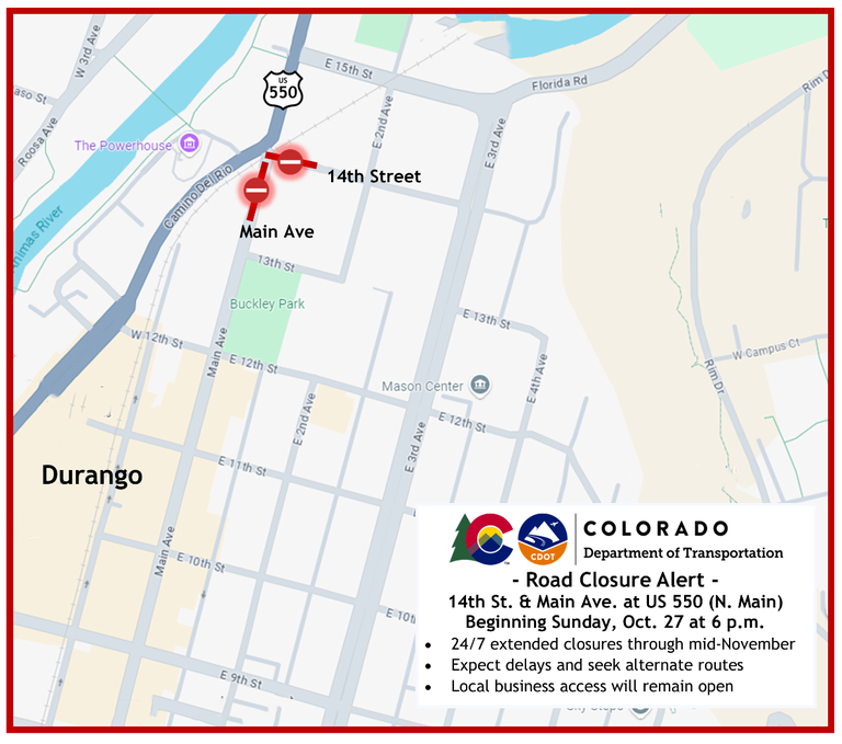 Map of 14th Street and Main Avenue extended closures located at the US 550 and Main Avenue intersection.