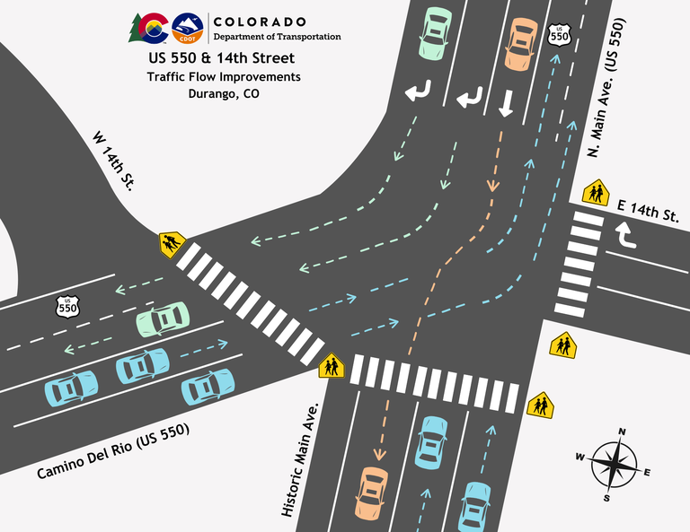 A map of the proposed traffic flow improvements located near the intersection of US 550, Camino del Rio, Main Avenue and 14th Street