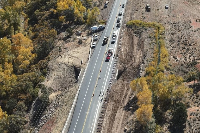 Aerial view of the newly constructed US 550 Paco - Billy Wildlife & Safety Improvements project which borders Ridgway State Park and features a large mammal underpass at Billy Creek. 