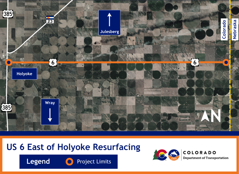 Project map of street resurfacing on US 6 east of Holyoke between US 385 and Colorado-Nebraska state line