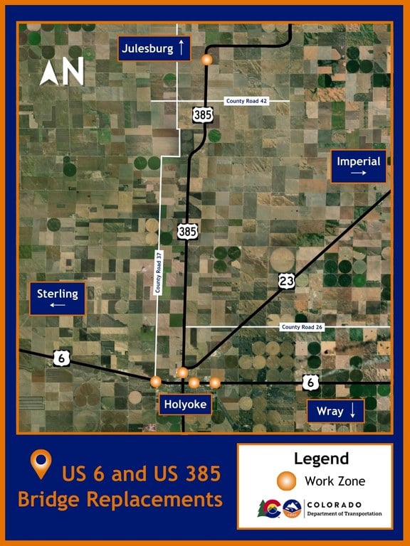 Map of US 6 & US 385 bridge replacements project locations near Holyoke