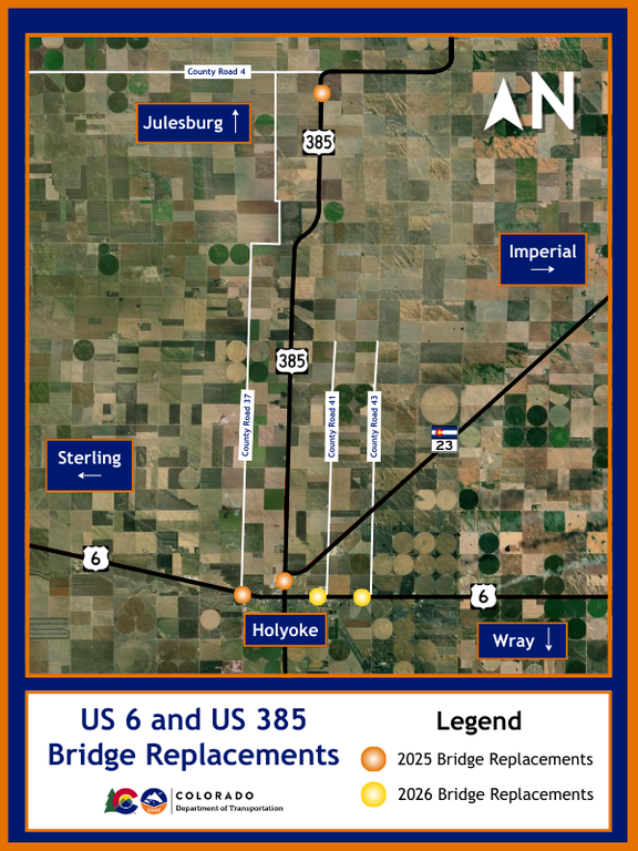 Map of US 6 & US 385 bridge replacements project locations near Holyoke