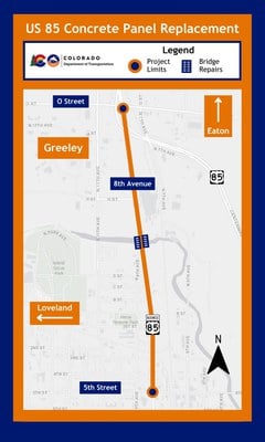 Map of Concrete Panel Replacement project location on US 85 between 5th Street and O Street