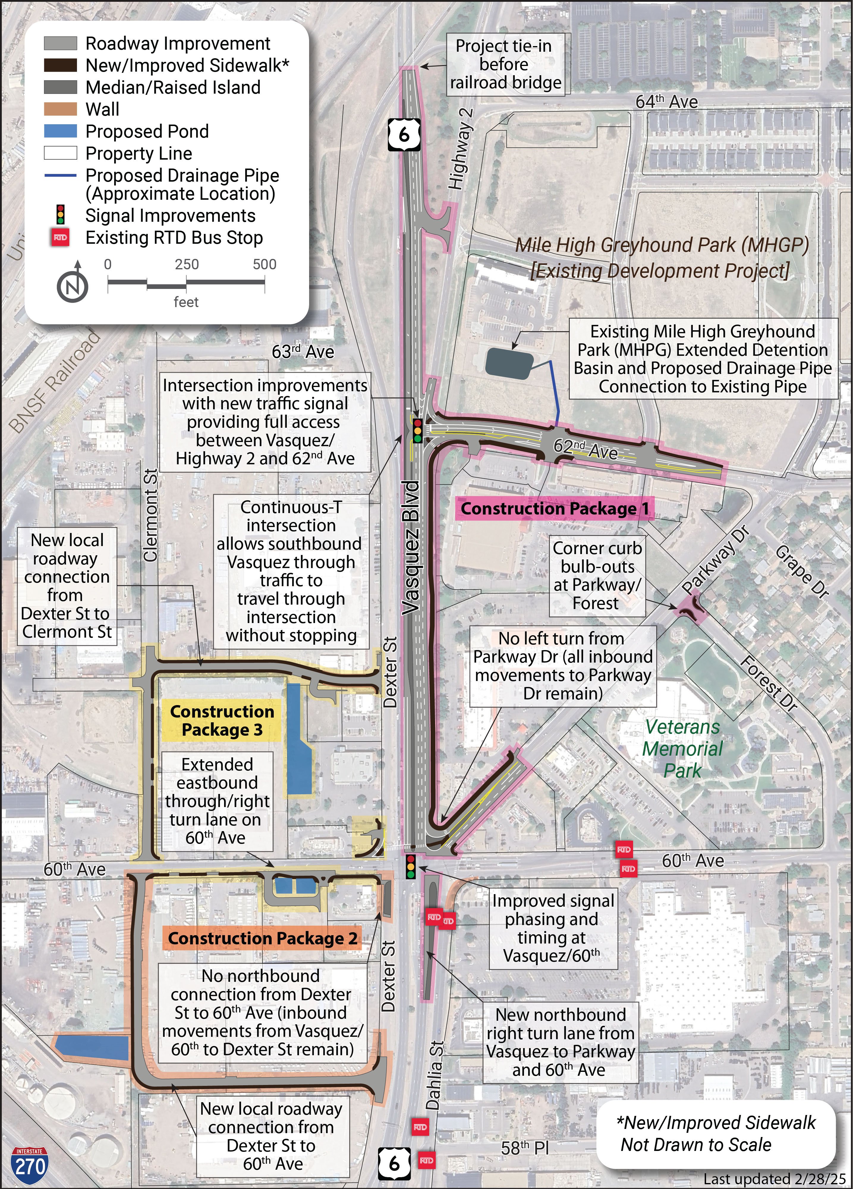 Map depicting the location of three construction packages for planned improvements on Vasquez Boulevard