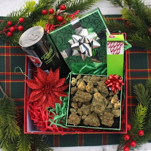 A holiday gift box filled with cannabis products