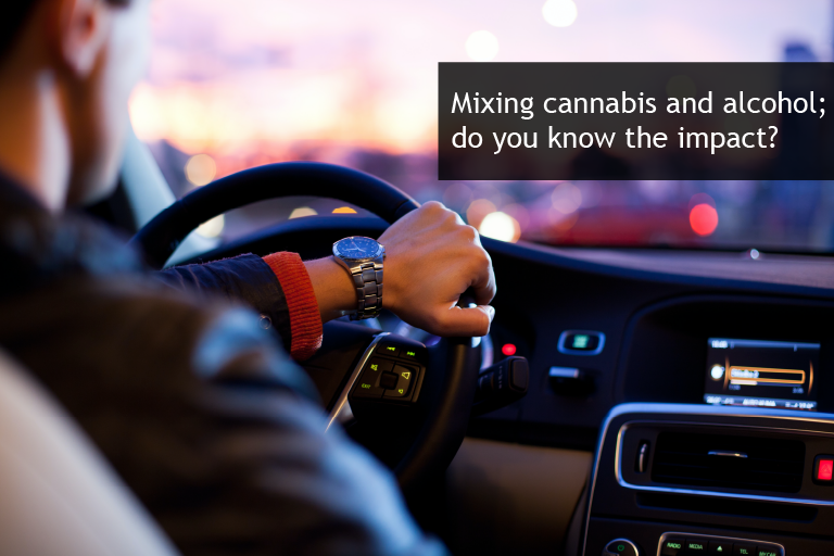 Man driving a vehicle, text overlay reads "mixing cannabis and alcohol, do you know the impact?"