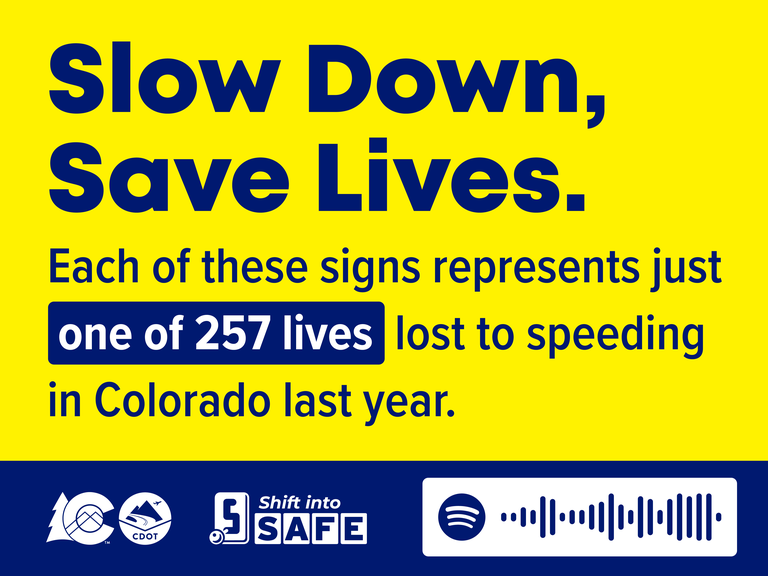 Yellow and blue graphic with silhouette of a person. On graphic copy reads "Slow down, save lives. One of 257.”