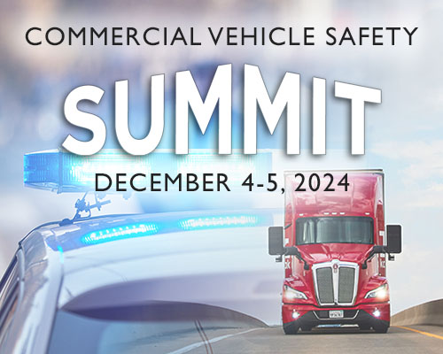 Blue graphic with photo overlay of red semi-trailer truck and law enforcement vehicle. On graphic copy reads "Commercial Vehicle Safety Summit, December 4-5, 2024."