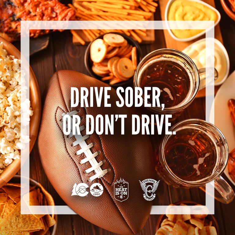 A football surrounded by tailgating food and beers, text overlay reads "Drive sober, or don't drive"
