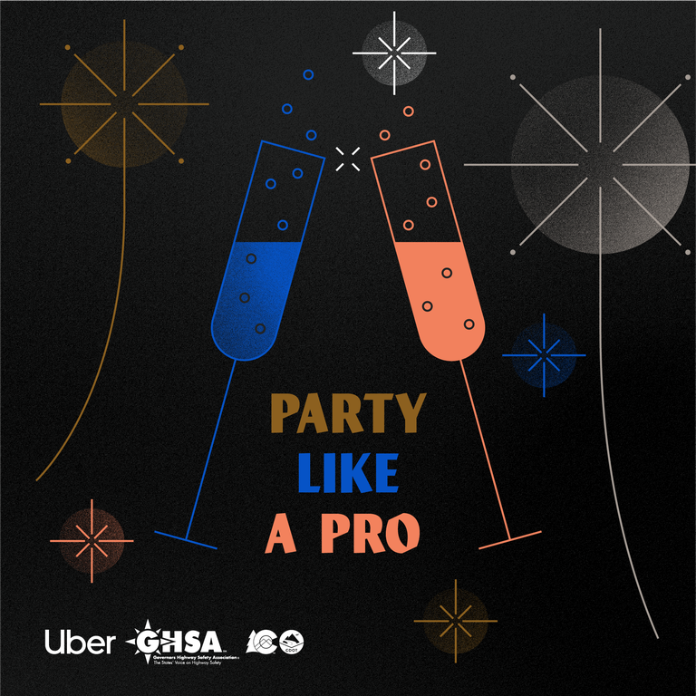 Graphic promoting GHSA Uber Credit Campaign, text on image reads "Party Like a Pro" and there are two champagne glasses.