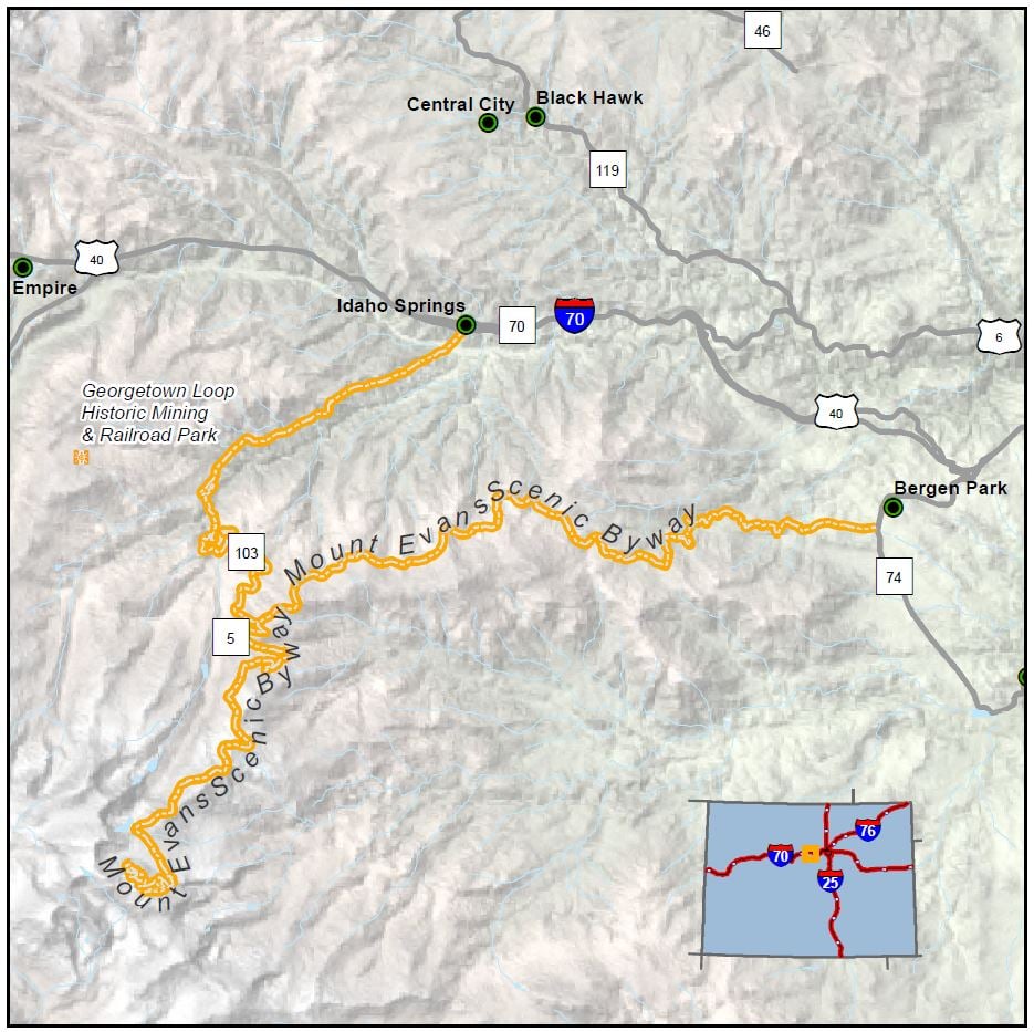 Mount Evans Scenic Byway map